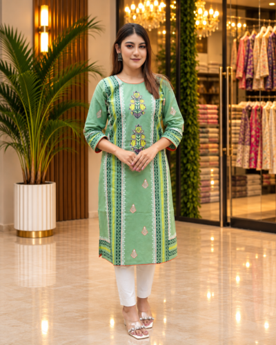 Mint Green Slub Cotton Kurti with Floral Handwork