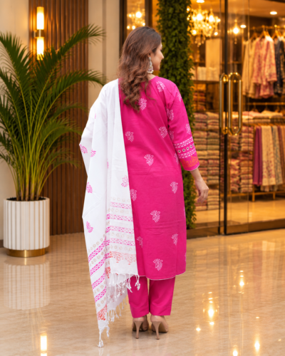 Alternative view of Bright Pink Cotton Salwar Kamiz with White Dupatta