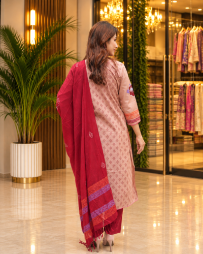 Alternative view of Peach Slub Cotton Salwar Kamiz - Block Print with Handwork